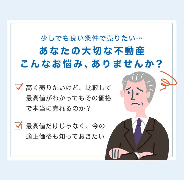 少しでもいい条件で売りたい…あなたの大切な不動産 こんなお悩み、ありませんか？高く売りたいけど、比較して最高値がわかってもその価格で本当に売れるのか？最高値だけじゃなく、今の適正価格も知っておきたい